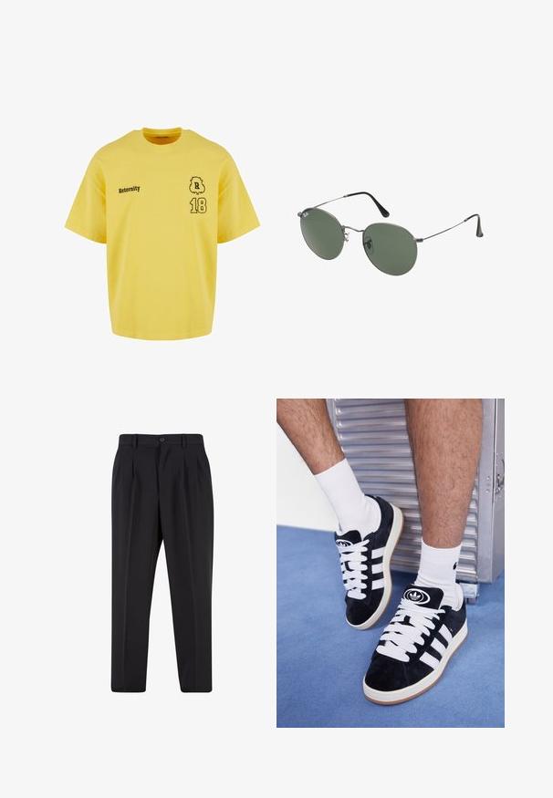 Sárga pamut póló kerek nyakkal, rövid ujjakkal, fekete nyomott felirattal "Reternity" és a "18"-as számok díszítéssel.; Fekete nadrág, pliszézett elejű dizájnnal, sima anyagból készült. Gombos záródás és övhurkok jellemzik; egyenes szabású.; Fekete velúr sportcipők fehér fűzőkkel és három fehér csíkkal. A nyelvén egy kör alakú fekete logó található, valamint egy gumis talp.; Fémkeretes napszemüveg ovális zöld lencsékkel. Vékony ezüst színű fémkeret és fekete fülrész. Minimalista dizájn, látható logók nélkül.