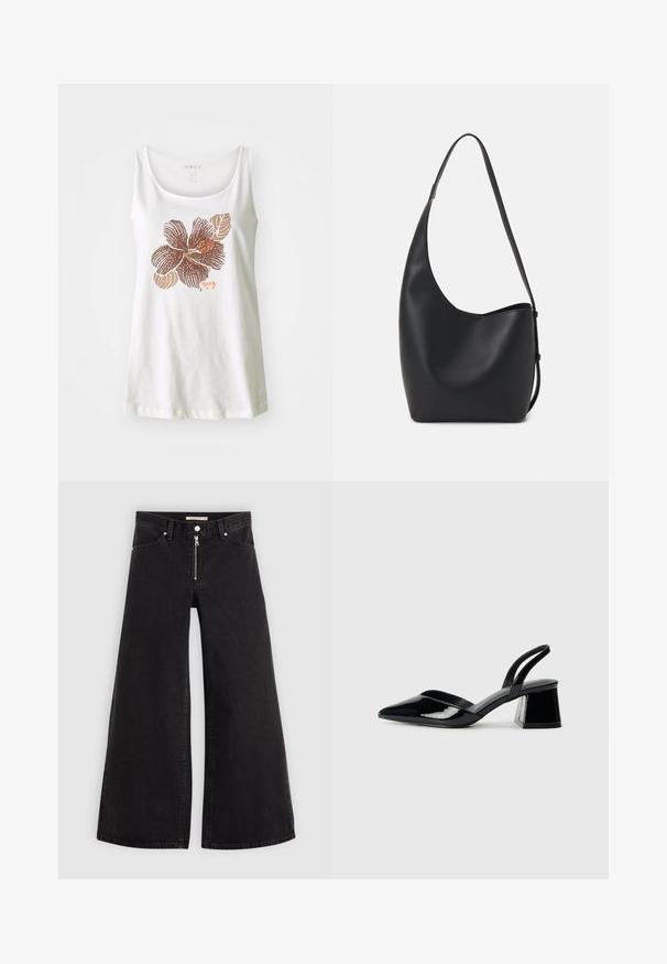 White tank top made of soft cotton featuring a brown floral print and leaves. Design includes the brand name "Roxy" in orange.; Wide-leg jeans in black denim with a zippered front, five-pocket design, and subtle stitching details. Smooth texture and casual style.; Black patent leather slingback heels with a pointed toe and a geometric block heel. Features a sleek, minimal design and smooth texture.; Black leather hobo bag with a smooth texture, curved shape, and single adjustable strap; features a wide opening at the top.