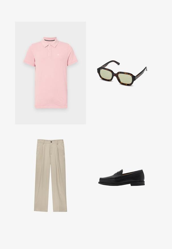 Różowa koszulka polo wykonana z bawełny, z klasycznym kołnierzykiem, trzema guzikami i małym logo na lewej piersi. Krótkie rękawy i regularny krój.; Beżowe spodnie o prostym kroju, z pojedynczym czarnym guzikiem, szlufkami na pasek oraz bocznymi kieszeniami. Gładka faktura materiału i minimalistyczny design.; Mango - Biznesowe loafersy; Okulary przeciwsłoneczne w deseń żółwi z zielonymi szkłami, prostokątny kształt, szerokie oprawki i gładkie wykończenie. Akcenty na zausznikach.