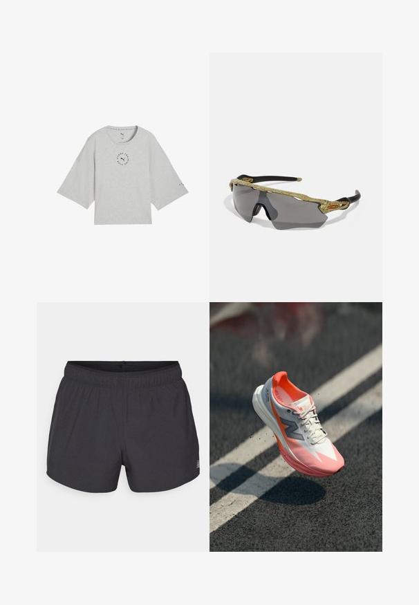 Gray cropped t-shirt made of soft cotton, featuring wide sleeves and a round neckline. Includes black circular logo on the front and text on sleeves.; Black athletic shorts made of breathable fabric with an elastic waistband, featuring a subtle perforated texture and a small logo accent.; Running shoe with a white and pink upper, featuring a mesh texture, reflective accents, and a cushioned sole. Lightweight design for performance.; Sport sunglasses with a green patterned frame, black arms, and gray lenses. The design features a wraparound style with a bold, sporty shape.