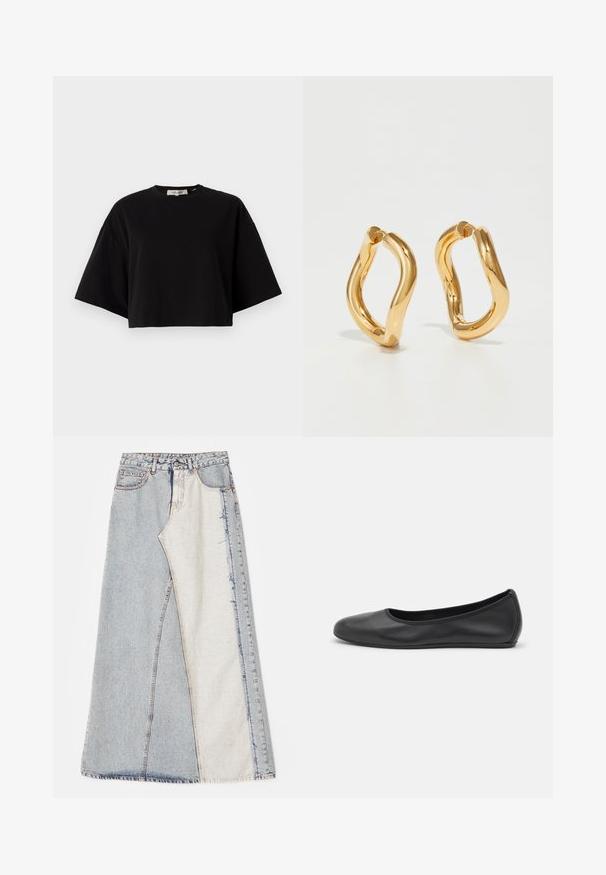 Tricou negru scurt, confecționat din bumbac, cu guler rotund și mâneci scurte, largi, pentru un fit lejer. Textură netedă, design simplu.; Fustă din denim cu un design patchwork, având secțiuni de albastru deschis și mediu, margini desfăcute și talie înaltă. Stil clasic cu cinci buzunare.; Balerini din piele neagră, cu vârf rotund, textură netedă, detalii de cusătură minimale și un design al tălpii flexibil.; Cercei din aur cu un design curbat, neregulat și o textură netedă și lustruită. Fără accesorii sau elemente vizibile.