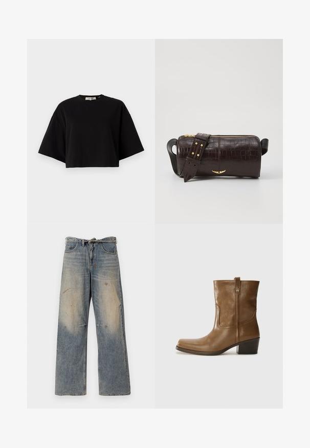 Melns īsais krekls, ko izgatavo no kokvilnas, ar noapaļotu kakla izgriezumu un īsām, plašām piedurknēm, kas nodrošina brīvu piegājienu. Gluda tekstūra, vienkāršs dizains.; Gai zilgans džinsi ar brīvu, taisnu kāju dizainu. Iezīmējas ar noslīpēšanu, izbalēšanu un nolietojuma detaļām ap ceļgaliem. Klasisks piecu kabatu stils.; Brūnas ādas potītes zābaki ar kvadrātveida degunu, struktūru apdari un zemu sakrautu papēdi. Ir aizmugurējais cilpiņu un smalkas šūšanas detaļas.; Brūna krokodila ādas soma ar cilindrisku formu, zelta toni aparatūru un noņemamu siksnu ar studiem.; Zelta krāsas gredzenveida auskari ar izliekta, nepareiza formu un gludu, pulētu tekstūru. Nav redzamu detaļu vai akcentu.