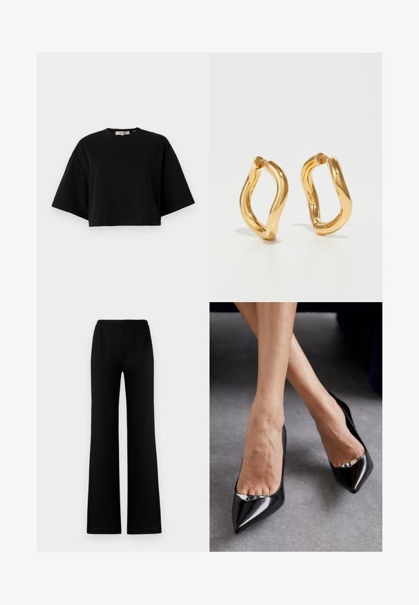 Fekete, crop fazonú pamut póló, kerek nyakkivágással és rövid, széles ujjal az laza illeszkedés érdekében. Simább textúra, egyszerű dizájn.; Fekete, bő lábú nadrág, puha anyagból, rugalmas derékpánttal, sima textúrával, látható zsebek vagy díszítések nélkül.; Fekete bőrből készült magassarkú cipők, hegyes orral és nyitott kialakítással, dísz ezüst kiegészítővel. Simává polírozott textúrával.; Aranyszínű karikafülbevalók íves, szabálytalan formával és sima, fényes felülettel. Nincsenek látható hardverek vagy díszítések.