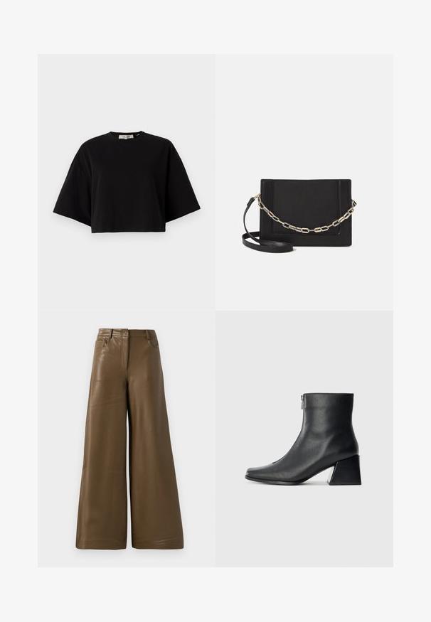 Tricou negru scurt, confecționat din bumbac, cu guler rotund și mâneci scurte, largi, pentru un fit lejer. Textură netedă, design simplu.; Pantaloni cu picioare largi, confecționați din faux piele maro netedă. Au talie înaltă, patru buzunare și un fermoar în față. Textură plată și design minimal.; Botină neagră din piele, cu vârf pătrat, fermoar pe lateral și toc bloc, pe un fundal simplu deschis.; Geantă de umăr din piele neagră, cu o textură netedă, formă rectangulară și un detaliu din lanț metalic în față. Include curea reglabilă.