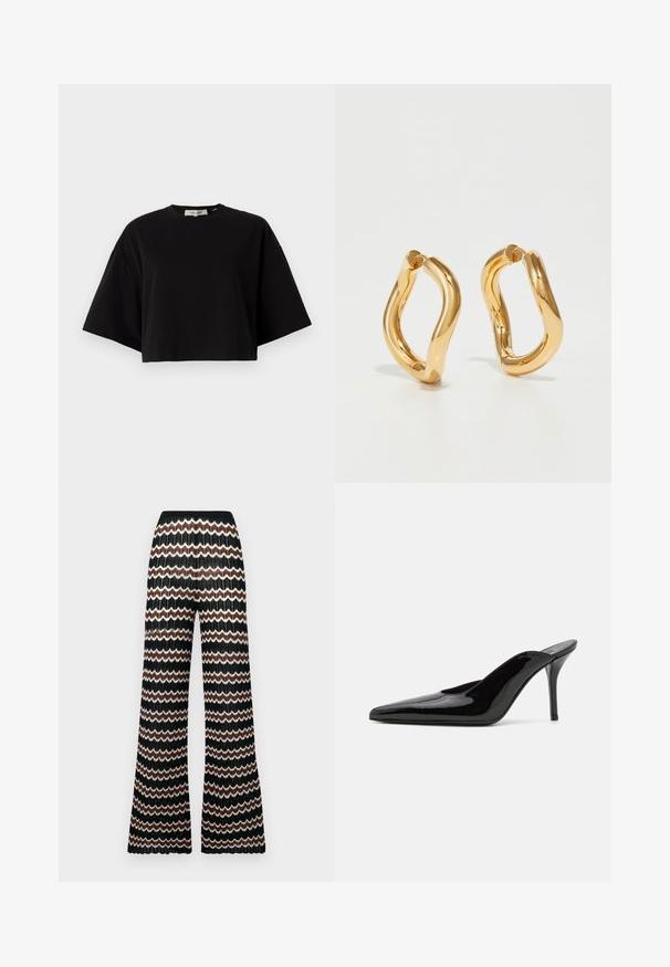 Fekete, crop fazonú pamut póló, kerek nyakkivágással és rövid, széles ujjal az laza illeszkedés érdekében. Simább textúra, egyszerű dizájn.; Zigzag mintázatú, fekete, fehér és barna felnőtt kötött trapéznadrág. Texturált felülettel és rugalmas derékpánttal rendelkezik.; Fekete lakkbőr magas sarkú mules cipő, hegyes orral és karcsú sz Siluettel, nyitott hátsó résszel és vékony stilettó sarokkal.; Aranyszínű karikafülbevalók íves, szabálytalan formával és sima, fényes felülettel. Nincsenek látható hardverek vagy díszítések.