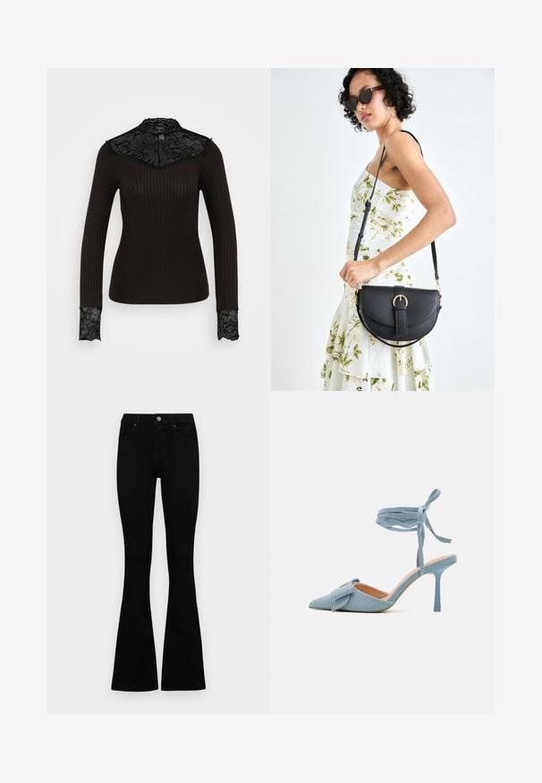 Fekete bordás, hosszú ujjú felső, csipke díszítéssel a nyakkivágásnál és az ujjak végén. Magas gallérral és testhezálló fazonnal rendelkezik.; Fekete, magas derekú farmernadrág gomb- és cipzárzárral, elülső zsebekkel és harangszárral, laposan egy fehér háttérre terítve.; Hegyes orrú magassarkú cipő világoskék szövetből, texturált felülettel, masnis díszítéssel és bokapánttal a biztos illeszkedésért.; Fekete bőrtáska ívelt formával, levehető pánttal és arany színű fémrészekkel. A táskán egy csattal díszített fedél található.