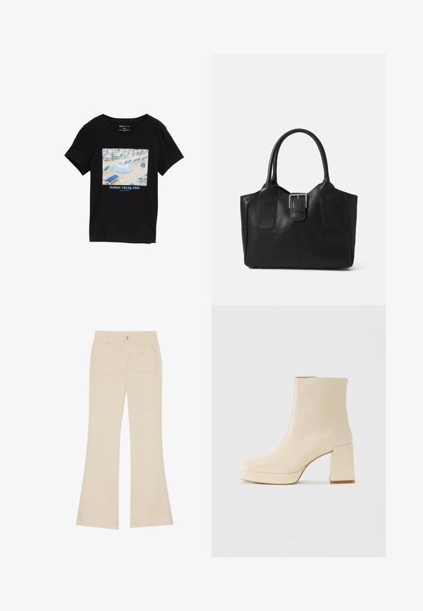 Zwarte t-shirt met een grafische print van een strandscène met blauwe stoelen, parasols en de tekst "italian vacay club" onderaan.; Beige wijde broek met een hoge taille, gemaakt van katoen. Voorzien van voor- en achterzakken, riemlussen en een enkele zilveren knop.; Beige leren enkelboot met blokhak en plateauzool, gladde afwerking en licht vierkante neus, gericht naar links op een witte achtergrond.; Zwarte leren tote bag met een gladde textuur, gestructureerde vorm, twee handvatten en een opvallend zilveren sluitingdetail aan de voorkant.
