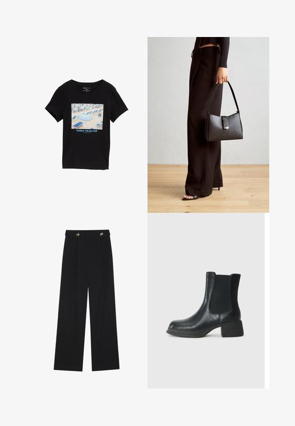 Schwarz T-Shirt mit einem grafischen Druck einer Strandszene, die blaue Stühle, Sonnenschirme und den Text "Italian Vacay Club" am unteren Rand zeigt.; Schwarze weite Hosen mit hoher Taille, Knopfdetails am Bund und vorderen Falten.; Schwarze Leder-Stiefelette mit elastischen seitlichen Einsätzen, runder Zehenpartie und niedrigem Blockabsatz. Die Oberfläche hat eine glatte Textur und minimalistische Details.; Schwarze Handtasche mit strukturierter Form, glatter Textur und einem metallischen Verschluss. Kombiniert mit weiten schwarzen Hosen und offenen Sandalen auf einem Holzboden.