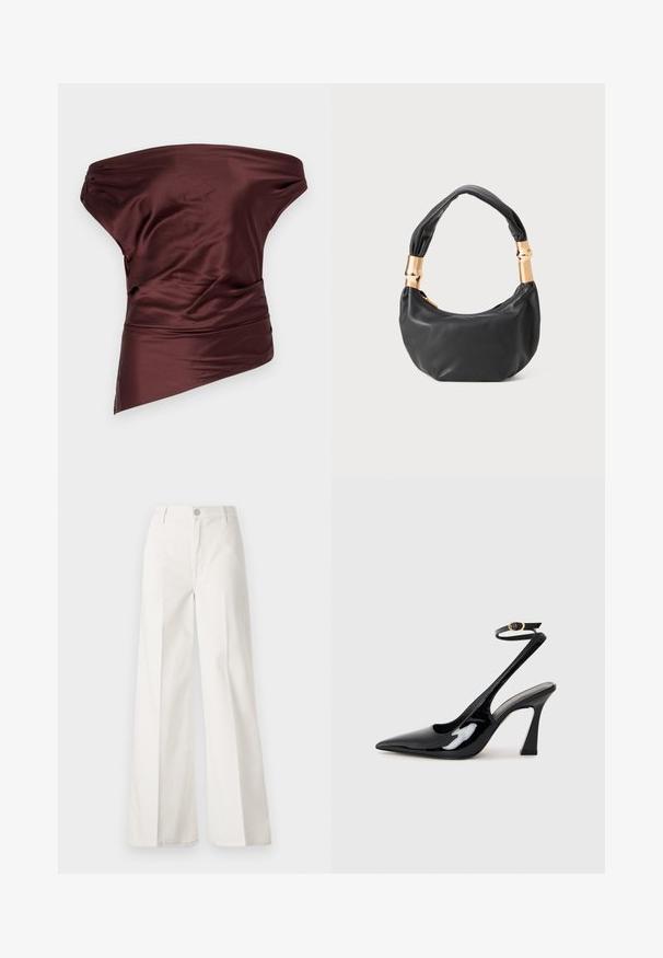 STAUD PHARE - Topp - merlot; Valged laiade jalgadega püksid, mis on valmistatud siledast puuvillast. Omab esitallist ning lukuga sulgemist ja nelja tasku disaini.; Mustad läikivad patendiga slingback-kõrged kontsad, millel on terav põlv ja reguleeritav pahkluu rihm, ning mõõdukas plokknukk. Sile tekstuur läikiva viimistlusega.; Must mustrepp nahkakott ümmarguse kujuga, pehme tekstuuriga ja sõlmiga käepidemega, millel on kuldse tooni aksessuaarid. Lukuga sulgemine.