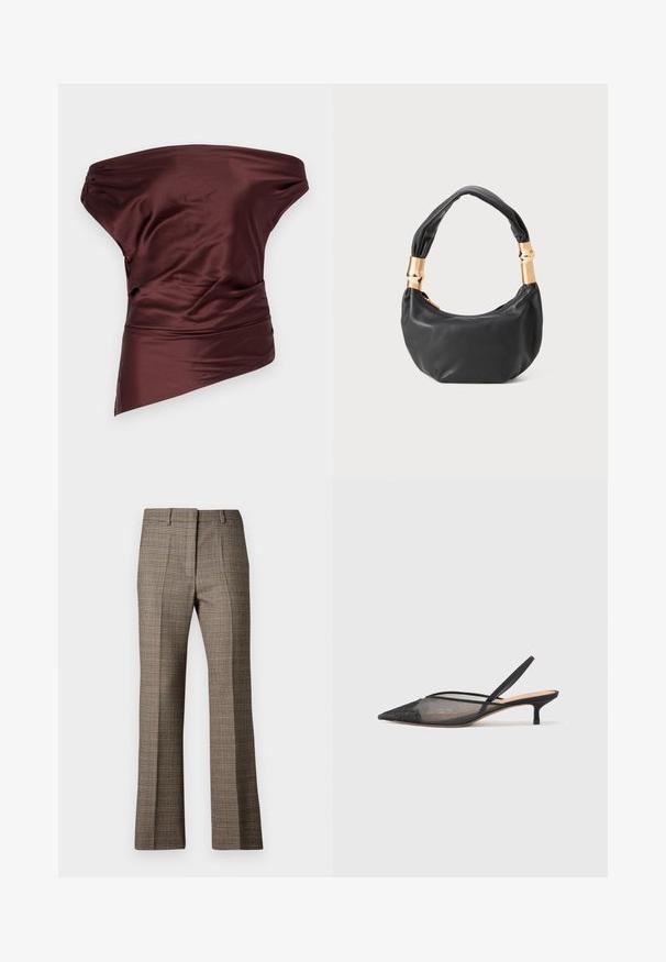STAUD PHARE - Top - merlot; Pantaloni a quadri marroni con taglio dritto, caratterizzati da un tessuto testurizzato e da sfumature sottili di beige e marroni scuri in tutto il motivo.; NEOUS IRENA - Decolleté - black; Borsa a tracolla in pelle nera con una forma rotonda, texture morbida e manico annodato con dettagli in metallo dorato. Chiusura con zip.