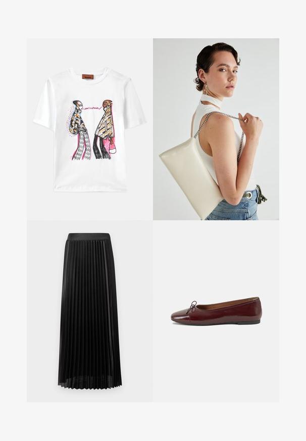 Balta medvilninė marškinėliai, kuriuose pavaizduota spalvinga grafika su dviem stilizuotais figūromis, turinčiomis įvairius raštus ir akcentus.; Juodos prigludusios sijonas su lygiu juosmeniu, pagamintas iš lengvos medžiagos. Pabrėžia aštrius vertikalius klostes ir vidutinio ilgio dizainą iki blauzdų.; Bordo lakiotos odos baleto bateliai su apvalia nosimi, maža kaspinėlio akcentu priekyje ir žema juoda guma padanga. Lygi tekstūra.; Balta, stačiakampio formos rankinė pagaminta iš blizgaus medžiagos, su sidabriniu virvute. Modelis pozavo, demonstruodamas rankinę prieš paprastą foną.