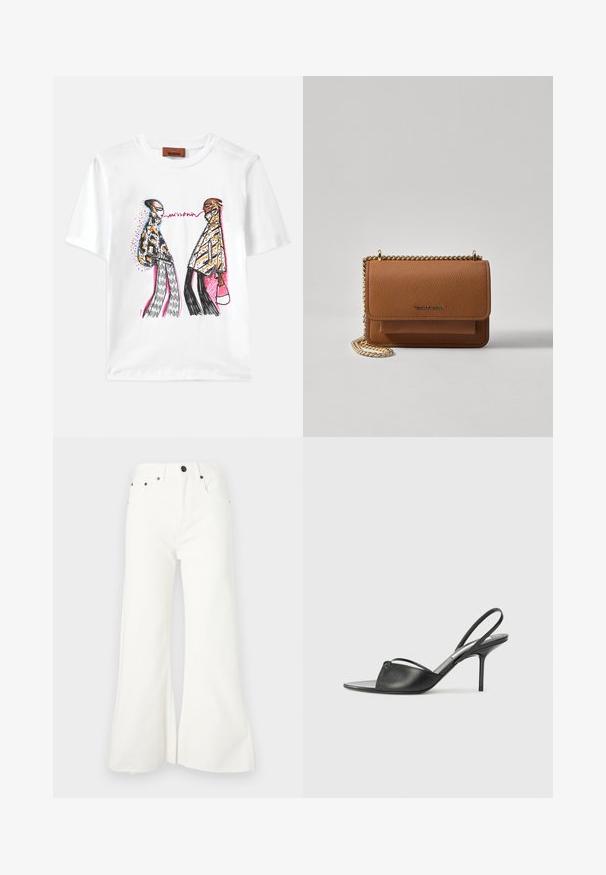 Valkoinen puuvillapaita, jossa on värikäs graafinen kuvasto, joka esittää kahta tyyliteltyä hahmoa erilaisilla kuvioilla ja aksentteilla.; Valkoiset flare-farkut korkealla vyötäröllä, joissa on viisi taskua ja raaka helma. Varustettu metallisilla osilla ja napituskiinnityksellä.; Mustat nahkaslingback-kengät, joissa on terävä kärki, ohut nilkkaremmi ja stiletto-korko. Yksityiskohtana on solmittu detali vampissä.; Ruskean teksturoidun nahkasta valmistettu crossbody-laukku, jossa on kultaketjuhihna ja läppäkiinnitys. Edessä on logodetail ja tasku läppäisen alla.