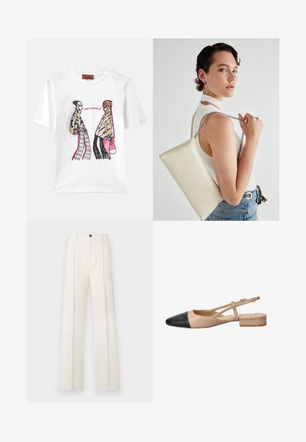 T-shirt bianca in cotone con un'illustrazione grafica colorata di due figure stilizzate con pattern e accenti variati.; Pantaloni bianchi a gamba larga con vita alta, caratterizzati da due pinces frontali, chiusura con un bottone e tasche. Tessuto a trama liscia.; Scarpa slingback bicolore beige e nera con punta affilata, tacco piatto e dettaglio a fascia incrociata. Texture in pelle liscia.; Borsa a pochette rettangolare bianca realizzata in materiale lucido, con una tracolla in catena argentata. Il modello posa, mostrando la borsa su uno sfondo semplice.