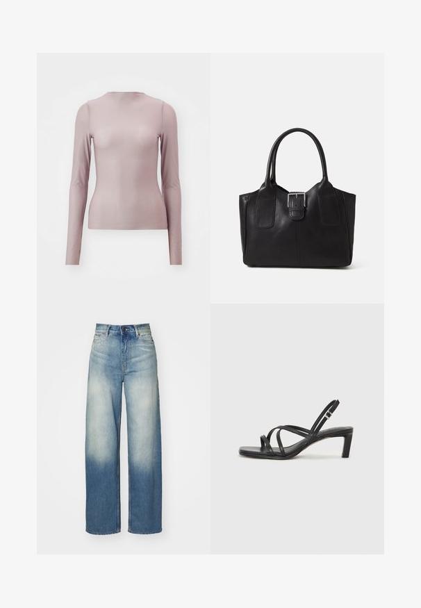Long-sleeved top in light mauve, made of sheer fabric with a fitted silhouette. Features a crew neckline and smooth texture.; Light blue wide-leg jeans with a high waist, made from denim, featuring a faded gradient, five pockets, and metal hardware accents.; Black strappy sandal with a square toe and a low block heel. Features multiple thin straps and an adjustable ankle strap. Made of smooth leather.; Black leather tote bag with smooth texture, structured shape, two handles, and a prominent silver buckle detail on the front.