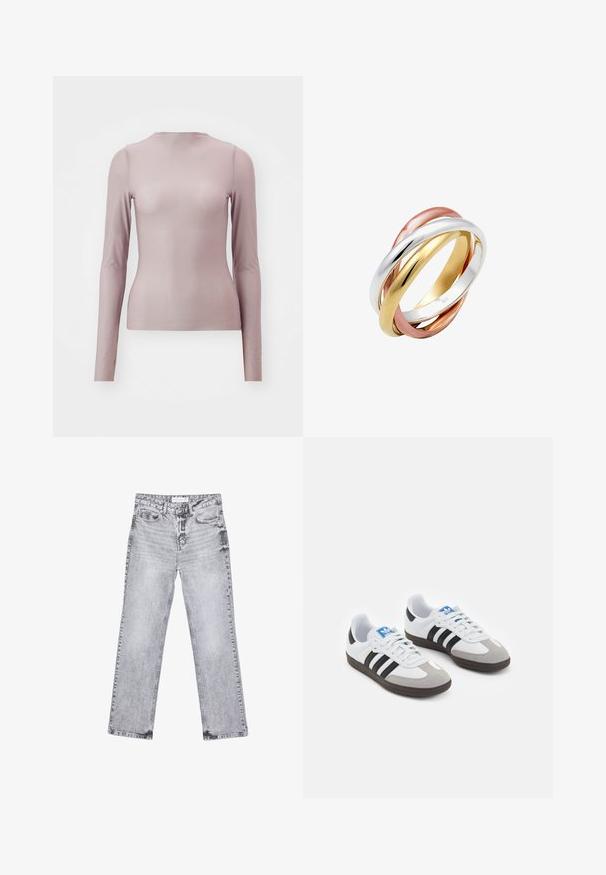 Long-sleeved top in light mauve, made of sheer fabric with a fitted silhouette. Features a crew neckline and smooth texture.; Gray denim jeans with a straight-leg cut, distressed detailing, five pockets, and copper rivets. Waistband features a logo tag.; Sport shoes with a white leather upper, gray suede toe, and three black stripes. Features a blue logo on the tongue and a textured rubber sole.; Three interlocking bands made of polished silver, gold, and rose gold metals, featuring a smooth, rounded design and a shiny finish.