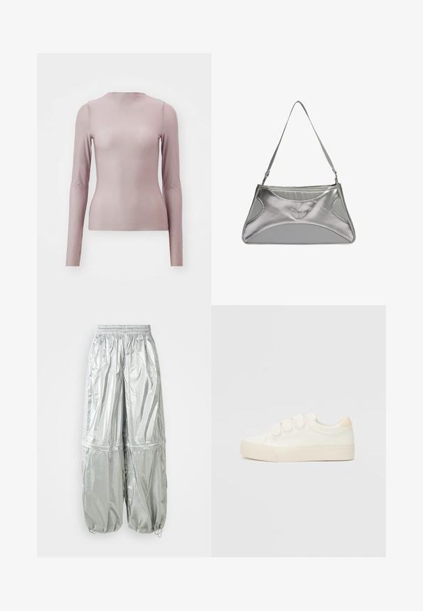 Top à manches longues en mauve clair, confectionné dans un tissu transparent avec une silhouette ajustée. Il présente un col rond et une texture lisse.; Pantalons cargo légers argentés avec une texture brillante, taille élastique, poignets froncés et deux grandes poches avant.; Baskets blanches avec une tige lisse semblable à du cuir, trois bandes auto-agrippantes, bout rond et semelle en caoutchouc texturé. Accent à l'arrière en beige.; Sac à main en métal argenté avec un design structuré et élégant, présentant un corps texturé, une bandoulière et un accent avec un logo en relief.