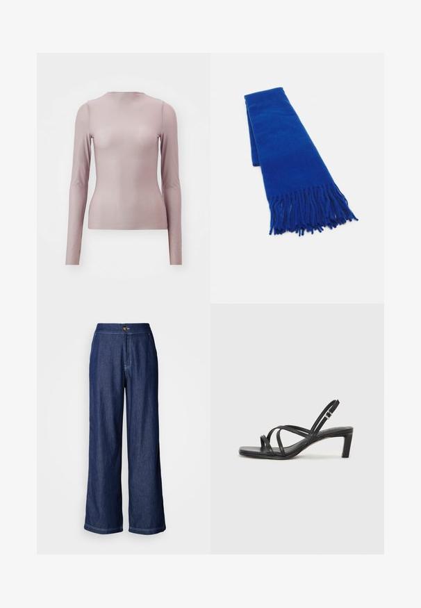 Šviesiai purpurinės ilgomis rankovėmis bliuskutė, pagaminta iš permatomo audinio su prigludusia siluetu. Turi apvalią kaklo iškirptę ir glotnų paviršių.; Tamsiai mėlyni plačių kojų džinsai su mygtuko uždarymu, kontrastinga siuvimo linija ir glotnia tekstūra. Sukurti laisvam siluetui.; Juodi šlepetės su kvadratiniu pirštu ir žemu bloku kulnu. Yra keli ploni dirželiai ir reguliuojamas kulkšnies diržas. Pagaminti iš lygios odos.; Mėlyna audinė skara su kutais, lygi tekstūra, stačiakampio formos ir vienoda spalva visame paviršiuje. Tinka šaltam oras.; Juodas odinis nešiojamas krepšys su lygiu paviršiumi, struktūrine forma, dviem rankenėlėmis ir ryškiu sidabriniu sagties akcentu priekyje.