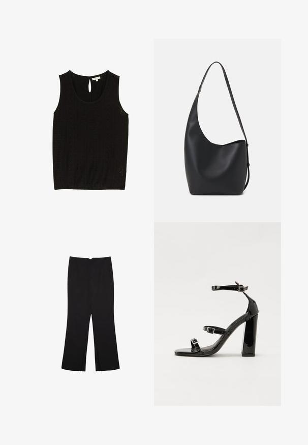 Sort ærmeløs top med hulsynsmønster, rund halsudskæring og nøglehulknaplukning bagpå. Størrelse small, mærkelabel synlig.; Sorte bukser med lige pasform, der har frontlommer og slidser i kanten. Lavet af blødt, glat stof. Velegnet til forskellige anledninger.; Sorte patenterede hælsandaler med firkantet tå, ankelremme og sølvspænder. Har en chunky blokHæl for stabilitet.; Sort læder hobo taske med en glat overflade, buet form og en enkelt justerbar rem; har en bred åbning øverst.