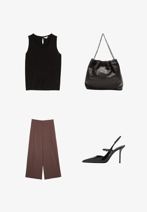Top senza maniche nero con motivo ad occhio di pernice, scollatura rotonda e chiusura a bottone a occhiello sul retro. Taglia S, etichetta del marchio visibile.; Pantaloni ampi marroni con una texture liscia, caratterizzati da una vita alta e pieghe frontali. Il tessuto è leggero e scorre liberamente.; Slingback in vernice nera con tacco a stiletto, punta affusolata e cinturino regolabile. Superficie liscia con finitura lucida.; Borsa in pelle marrone con parte superiore arricciata e tracolla a catena. Texture liscia con finitura lucida e dettagli di cucitura sottili sui lati.