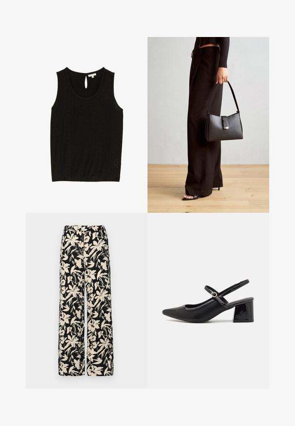 Fekete ujjatlan felső, szem mintával, kerek nyakkivágású, hátul gombos, kulcslyuk záródással. Kicsi méret, márkacímke látható.; Fekete, bő szárú nadrág krém színű virágmintával. Könnyű anyagból készült, sima tapintású és magas derékrésszel rendelkezik.; Fekete lakk bőr, pántos magassarkú cipő, hegyes orral, lekerekített kivágással és tömbsarkal. Arany színű csat díszíti.; Fekete kézi táska strukturált formával, sima textúrával és fémből készült záródással. Széles fekete nadrággal és nyitott orrú szandállal párosítva, fából készült padlón.