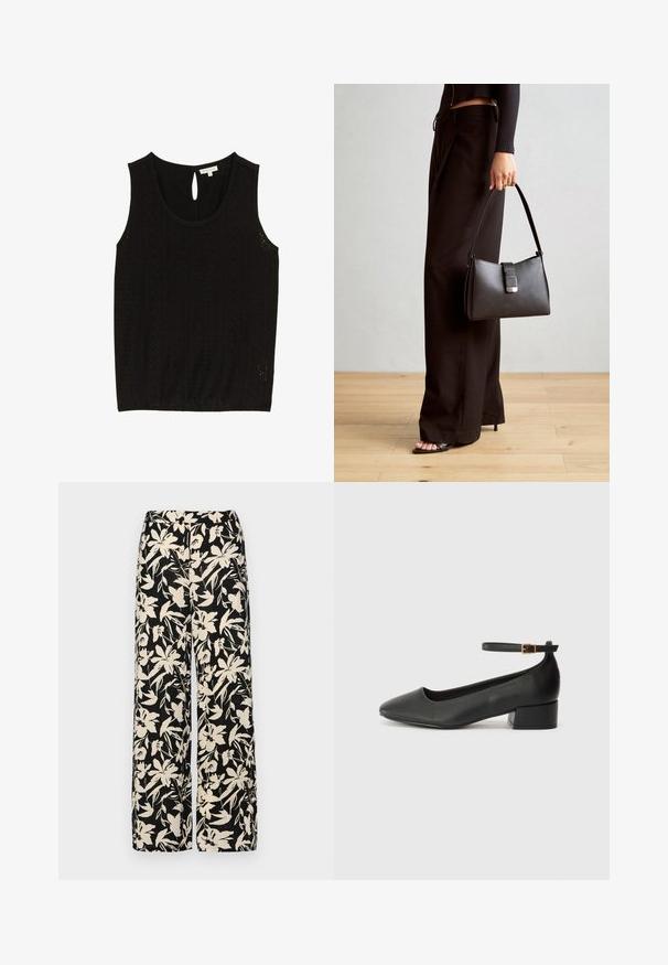 Must olemata must ilma varrukatop, millel on augustatud muster, ümmargune kaelus ja võtmeaugu nupuga sulgemine seljal. Suurus väike, brändi silt on nähtav.; Mustad laiad püksid kreemja lillemustriga. Valmistatud kergest kangast, millel on sile tekstuur ja kõrge vöökoht.; Must mustaapp, millel on terav nina ja madal blokk-kand. Omab pahkluu rihma koos kuldse tooni pandlaga. Sile tekstuur.; Must musta kott, millel on struktureeritud kuju, sile tekstuur ja metallist klamber. Kombineeritud laiate mustade pükstega ja avatud varvaste sandaalidega puidust põrandal.