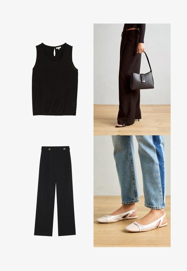 Must olemata must ilma varrukatop, millel on augustatud muster, ümmargune kaelus ja võtmeaugu nupuga sulgemine seljal. Suurus väike, brändi silt on nähtav.; Mustad laiad püksid kõrge vöökoha ja nööpdetailidega vööandil, esikortsudega.; Kahvatu roosa slingback lapikute jalatsite paar, millel on terav varvas, valmistatud siledast nahataolisest materjalist. Omab külgedel lõikekohti ja lapikut kontsa.; Must musta kott, millel on struktureeritud kuju, sile tekstuur ja metallist klamber. Kombineeritud laiate mustade pükstega ja avatud varvaste sandaalidega puidust põrandal.