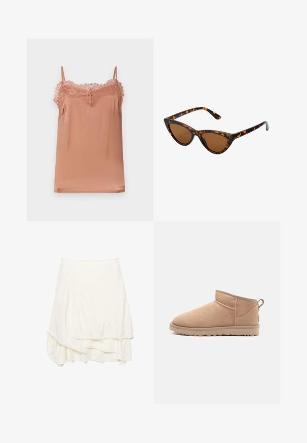 Cami top in soft rose fabric, featuring adjustable straps and a lace trim along the neckline. Smooth texture with a relaxed fit.; White wrap skirt with layered design, featuring textured lace detailing along the hem, soft fabric, and a flowing silhouette.; Tan suede ankle boot with a rounded toe, soft texture, simple design, and a low-profile rubber sole. Features a pull tab at the back.; Cat-eye sunglasses with a black and orange tortoiseshell frame, brown lenses, and sleek, pointed tips. Features a minimal logo on the temple.; Brown suede crossbody bag with a textured finish, a gold chain accent, and an adjustable leather strap. Features a zip closure.