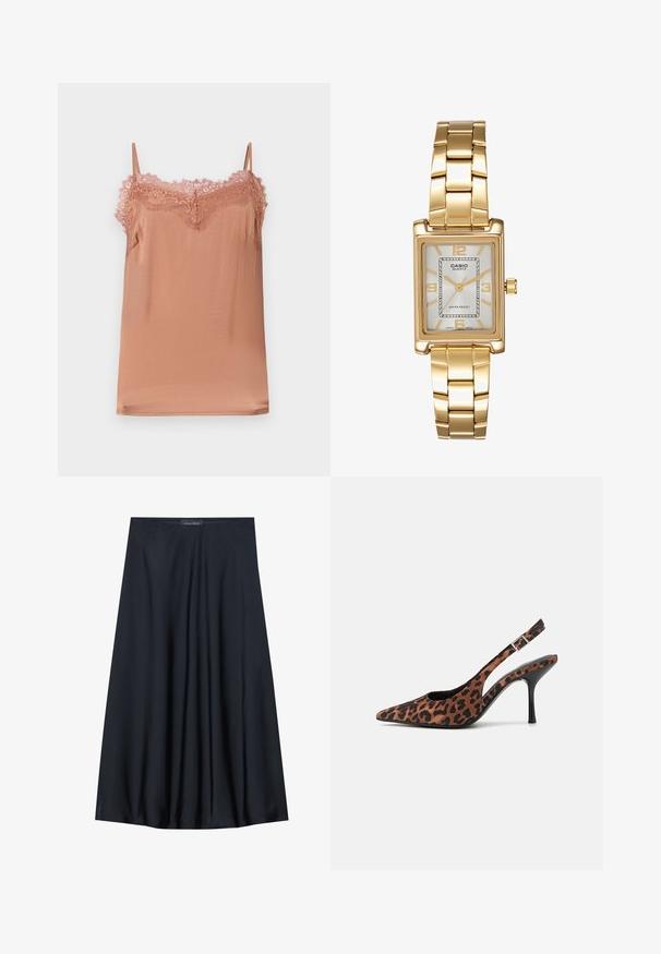 Cami top in soft rose fabric, featuring adjustable straps and a lace trim along the neckline. Smooth texture with a relaxed fit.; Black, knee-length skirt made of lightweight fabric with a flowy design. Features a smooth texture and subtle pleats for added detail.; Leopard-print slingback high heels with a pointed toe, black glossy heel, and adjustable ankle strap. Soft material with a textured finish.; Gold-tone rectangular wristwatch with a white dial, silver-tone hour markers, and a durable metal link bracelet. Water-resistant feature included.