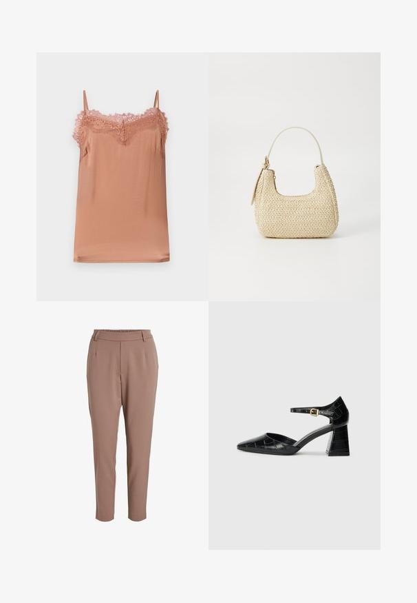 Minkštos rožinės medžiagos topas su reguliuojamomis petnešėlėmis ir nėriniu aplink kaklą. Lygus paviršius su laisvu kirpimu.; Rudos, pritaikyti kelnių, turinčių lygų tekstūrą, su plačiu elastingu diržu ir dviem priekinėmis kišenėmis. Smailėjantis kojos dizainas.; Juodos lakinės odos aukštakulniai batai su smailiu kumščiu, kulkšnies dirželiu ir tekstūruotu krokodilo raštu. Kvadratinis stulpelis.; Aukšta pintinė rankinė iš šiaudų, šviesiai rudos spalvos, su išlenkta forma, trumpa rankena ir šoniniu užtrauktuku. Pasižymi tekstūruota paviršiumi ir minimalistiniu dizainu.