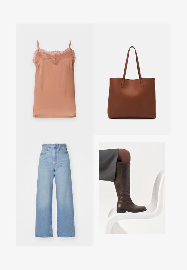 Top w kolorze delikatnego różu, wykonany z miękkiego materiału, z regulowanymi ramiączkami i koronkowym wykończeniem przy dekolcie. Gładka tekstura oraz luźny krój.; Jasnoniebieskie jeansy z wysokim stanem i szerokimi nogawkami, z zapięciem na guziki i zamek z przodu, przednie i tylne kieszenie, na białym tle.; Brązowe skórzane wysokie buty do kolan z okrągłym noskiem, gładką fakturą i minimalnymi detalami przeszycia, ustawione na jasnym tle na białym krześle.; Brązowa skórzana torba tote o gładkiej fakturze, z otwartym wierzchem i dwoma ramiączkami. Charakteryzuje się minimalnym przeszyciem i brakiem widocznych elementów metalowych.