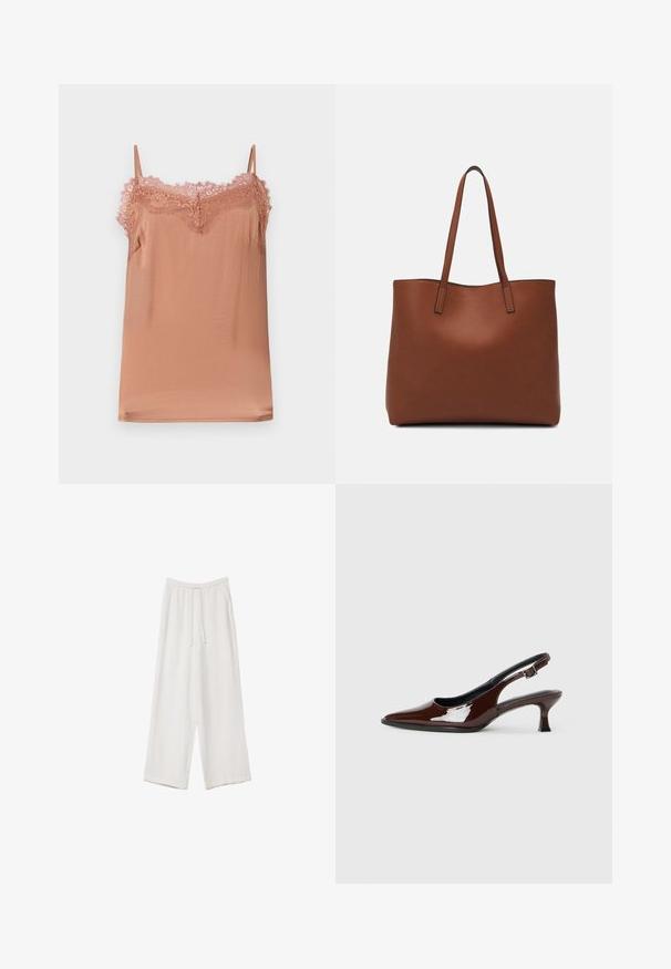 Top na ramienka v jemne ružovom materiáli, s nastaviteľnými ramienkami a čipkovaným lemovaním okolo výstrihu. Hladká textúra s voľným strihom.; Biele široké nohavice vyrobené z ľahkej tkaniny. Obsahujú elastický pás so sťahovacou šnúrkou a bočné vrecká. Hladká textúra.; Hnedá lakovaná slingback obuv s špicatou špičkou a mierne vysokým opätkom. Obsahuje pracku pre bezpečné upevnenie. Hladká textúra.; Hnedá kožená taška na rameno s hladkou textúrou, otvoreným vrchom a dvoma ramenými popruhmi. Má minimálne šitia a žiadne viditeľné kovania.