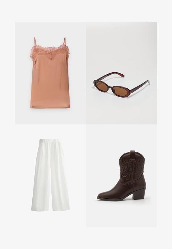 Cami top in soft rose fabric, featuring adjustable straps and a lace trim along the neckline. Smooth texture with a relaxed fit.; White, wide-leg pants with an elastic waistband, featuring front pleats and a lightweight, textured fabric.; Brown leather cowboy boots featuring pointed toes, embossed wing patterns, a mid-height block heel, and a pull tab at the back.; Round, brown-tinted sunglasses with a glossy burgundy frame. Slim arms with subtle branding detail. Flat lens design.