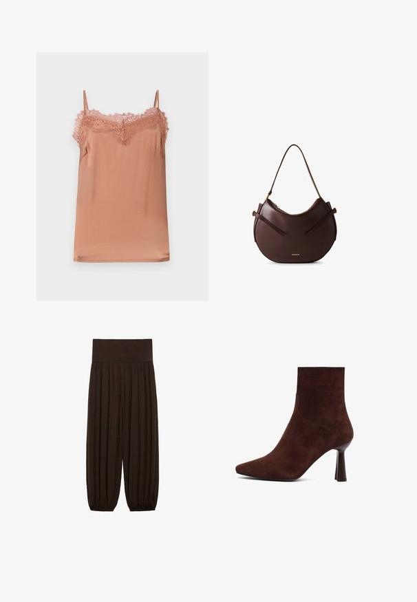 Cami top in soft rose fabric, featuring adjustable straps and a lace trim along the neckline. Smooth texture with a relaxed fit.; Brown pleated pants with a wide, elastic waistband. The fabric is lightweight and textured, featuring gathered hems at the cuffs.; Brown suede ankle boot with a pointed toe, fitted design, and a slim high heel, featuring clean lines and smooth texture.; Brown leather shoulder bag with a curved design, featuring two flat straps and a gold accent logo. Smooth texture with minimal hardware.