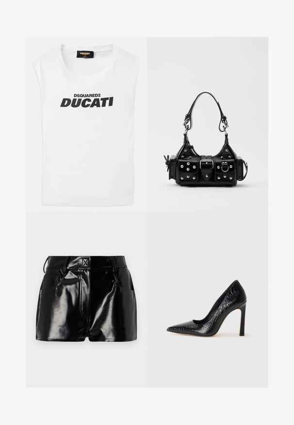 White sleeveless shirt with black "DSQUARED2 DUCATI" text printed on the front and a small tag with brand details inside the collar.; Black, glossy shorts made of synthetic material. Features a fitted waist, belt loops, and front pockets with prominent stitching details.; Black pointed-toe high heel shoe with a crocodile-skin texture, featuring a sleek design, high stiletto heel, and smooth black interior.; Black leather handbag with a curved design, featuring silver studs, a buckle, and two side pockets. Adjustable strap for carrying options.