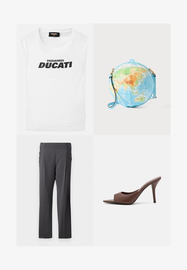 Witte mouwloze shirt met zwarte "DSQUARED2 DUCATI" tekst bedrukt op de voorkant en een klein label met merkinformatie binnenin de kraag.; Grijze op maat gemaakte broek met een recht gesneden ontwerp, voorplooien en decoratieve zijknopen voor extra detail. Vriendelijke stoftextuur.; Bruine leren open-teen hoge hak muiltjes met een slank ontwerp, voorzien van een brede voorkruistrap en een slanke stiletto hiel.; Ronde crossbodytas die lijkt op een globe, met een lichtblauwe basis en een gedetailleerde kaart in groene, oranje en blauwe tinten; goudkleurige hardware accenten.