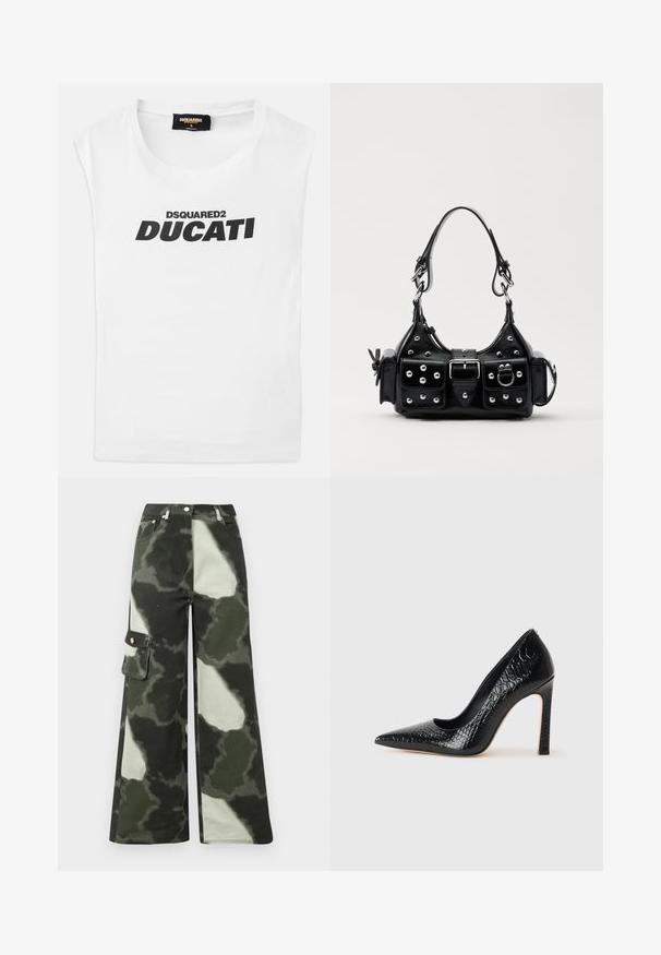 Hvid ærmeløs skjorte med sort "DSQUARED2 DUCATI" tekst trykt på forsiden og et lille mærke med oplysninger om mærket indeni kraven.; Bredde cargo bukser i mørkegrøn og lysegrå camouflage mønster. Har sidelomme og metalknap, fremstillet af slidstærkt bomuldsstof.; Sorte spidse tå stiletto-sko i krokodilleskind med et strømlinet design, høj hæl og glat sort inderside.; Sort læderhåndtaske med et buet design, prydet med sølvfarvede nitter, en spænde og to sidelommer. Justerbar rem til forskellige bære muligheder.