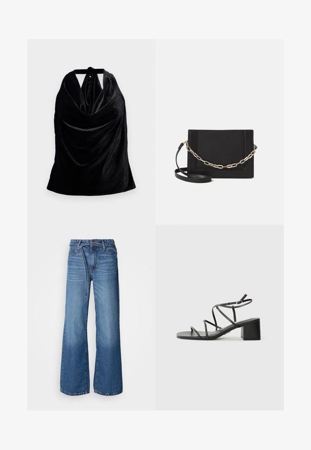 Top negru cu guler halter dintr-un material moale, fluid. Este prevăzut cu o panglică la gât și o textură netedă, strălucitoare. Design simplu, fără modele.; Jeans lejere de culoare albastră deschisă, realizate din denim. Au talie înaltă, cusături vizibile și un sistem de prindere cu curea. Textură decolorată spre partea de jos.; Sandale negre cu bretele cu vârf pătrat și toc gros, realizate dintr-un material neted. Dispun de curele reglabile la gleznă și hardware minim.; Geantă de umăr din piele neagră, cu o textură netedă, formă rectangulară și un detaliu din lanț metalic în față. Include curea reglabilă.