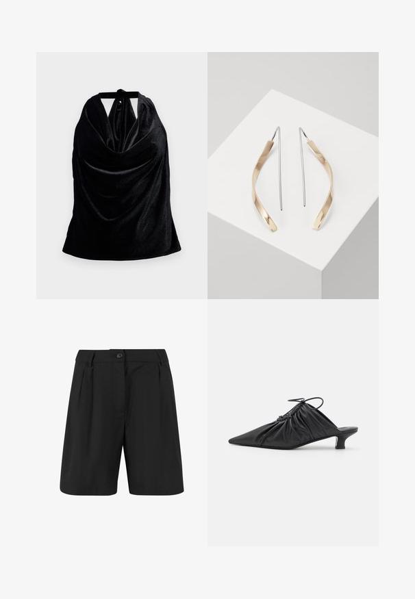 Fekete, nyakpántos felső, puha, redőzött anyagból készült. Nyakkendő a nyakrészén és sima, fényes textúrájú. Egyszerű, mintás dizájn.; Fekete, szabású nadrág rövidnadrág, elülső redőkkel, lapos elülső résszel, és egy gombos záródással. Sima szövettextúra.; Fekete bőr slip-on mules, hegyes orral, gyűrött textúrával és kis kitten sarokkal. Az nyílásnál húzózsinór részlet található.; Arany és ezüst csepp fülbevalók ívelt, megnyújtott formával. Fényes felület, sima textúra és minimalista dizájn.
