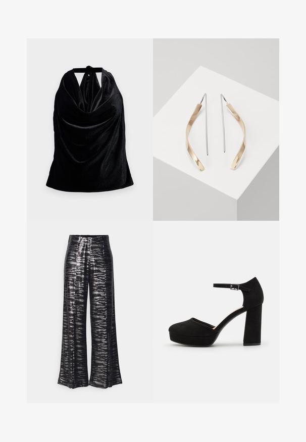 Black halter top made of soft, draped fabric. Features a tie at the neck and a smooth, shiny texture. Simple design with no patterns.; Black wide-leg pants with a shiny sequin texture and a wavy pattern. High waist design, flowing silhouette, and smooth finish.; Black suede platform heels with a thick block heel, rounded toe, and ankle strap secured by a metal buckle. Smooth texture throughout.; Gold and silver drop earrings with a curved, elongated shape. Glossy finish with a smooth texture and minimalist design.