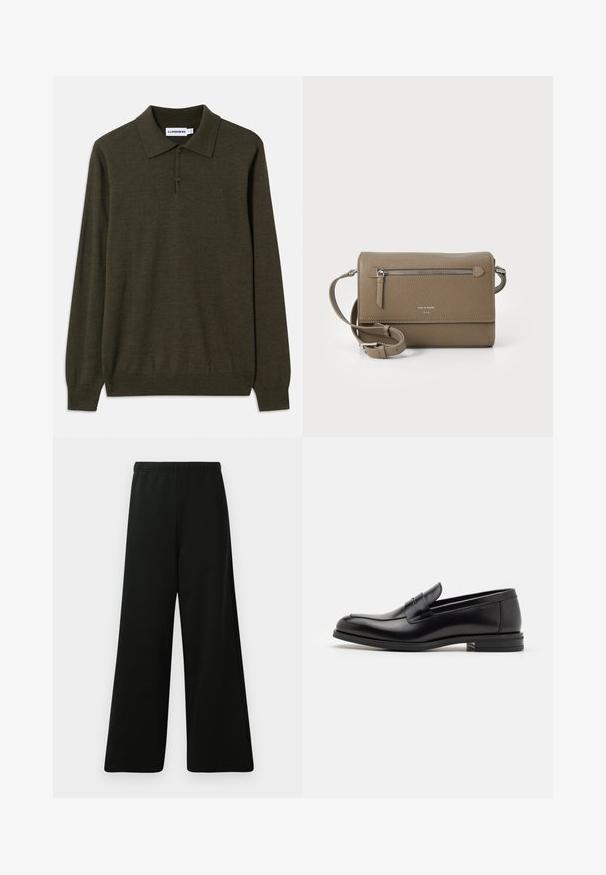 Koszulka polo z długim rękawem w ciemnooliwkowym kolorze, wykonana z miękkiego materiału. Posiada klasyczny kołnierzyk, zapięcie na trzy guziki oraz ściągacze przy mankietach.; Czarne spodnie typu wide-leg wykonane z miękkiej tkaniny. Posiadają elastyczny pas, gładką fakturę oraz prosty, nowoczesny design bez wzorów.; Czarne skórzane mokasyny o gładkiej fakturze, zaokrąglonym nosku i dekoracyjnym pasku na przodzie. Niski, warstwowy obcas, minimalistyczny design.; Taupe skórzana torebka na ramię z zamkiem błyskawicznym z przodu, regulowanym paskiem, teksturą przypominającą drobne kamyki oraz wytłoczonym logo z przodu.