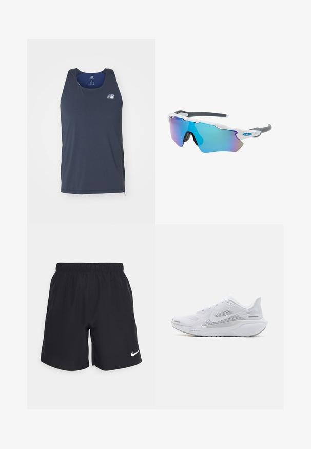 New Balance Top - black; Schwarze Sportshorts aus leichtem Stoff mit einem elastischen Bund und einem weißen Nike-Logo am unteren linken Bein.; Weißer Sportschuh mit einem Obermaterial aus Mesh, glatten Überzügen, grauen Akzenten, Schnürsenkeln und einer gepolsterten Sohle, die für Leistung ausgelegt ist.; Sonnenbrille mit einem weißen Rahmen, grauen Akzenten und blauen Spiegellinsen. Sportliches Design, umschließende Form und verstellbare Nasenpads.