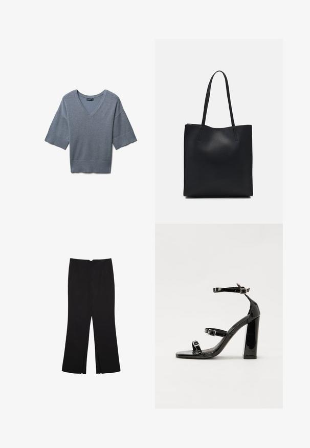 Maglietta a maniche corte grigia a V in maglia con polsini e orlo a coste, piatta su sfondo bianco.; Pantaloni neri a gamba dritta, con tasche frontali e spacchi laterali all'orlo. Realizzati in tessuto morbido e liscio. Adatti a diverse occasioni.; Sandali con tacco in vernice nera, con punta squadrata, cinturini alla caviglia e fibbie in argento. Presentano un tacco a blocco spesso per maggiore stabilità.; Borsa tote in pelle nera con texture liscia, forma rettangolare e due manici lunghi. Nessun hardware o decorazione visibile.
