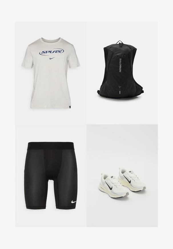 T-shirt de algodão cinza claro com mangas curtas, apresentando um logo azul "SPURS" e o swoosh da Nike. Decote redondo simples e etiqueta na bainha.; Calções atléticos pretos feitos de um tecido liso e elástico. Apresentam uma cinta larga com uma marcação em relevo e um pequeno logotipo branco na perna.; Ténis de corrida feitos de malha branca respirável com detalhes em cinza claro. Apresenta um logótipo swoosh preto e uma sola exterior em borracha cinza clara.; Salomon CROSS 8 - Mochila - black