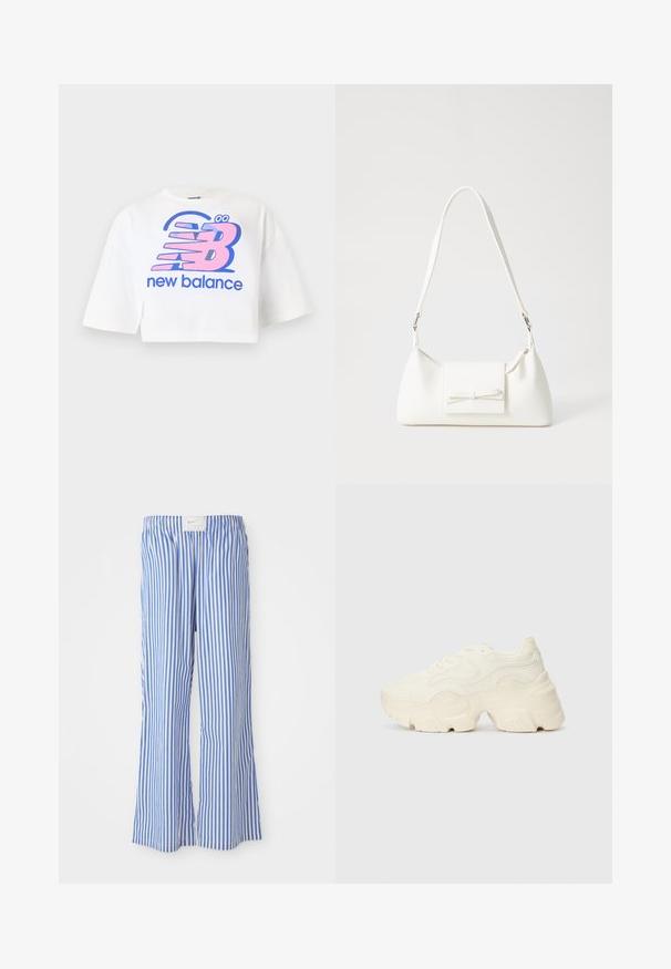 White cropped t-shirt made of cotton, featuring a large pink and blue graphic print of the "new balance" logo and stylized letters.; Blue and white striped trousers with a relaxed fit, made of lightweight fabric, featuring an elastic waistband and a subtle logo tag.; Chunky white sneakers made of textured mesh and synthetic materials, featuring a thick sole and intricate pattern details along the sides.; White synthetic handbag with a triangular shape, flat front flap and bow detail, adjustable strap, smooth texture, and minimalistic design.