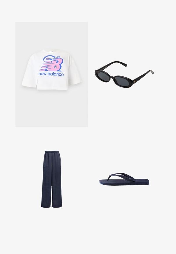 Balts īsais krekliņš, izgatavots no kokvilnas, ar lielu rozā un zilā krāsā drukātu grafiku ar "new balance" logo un stilizētiem burtiem.; Tumši zila platām kājām piegriezti zābaki, kas izgatavoti no gluda auduma ar elastīgu jostasvietu un bez redzamām detaļām. Iezīmē atbrīvotu piegriezumu un pilna garuma dizainu.; Tumsas zila krāsa flip-flopi ar teksturētām gumijas siksnām un zoli, ar viļņainu rakstu uz siksnām un plakanu, rievotu pēdas daļu.; Melnu pārspīlēto saulesbrilles ar ovālām lēcām, gludu plastmasas rāmja un zelta akcentiem uz tempļiem. Tumšie lēcas nodrošina saules aizsardzību.
