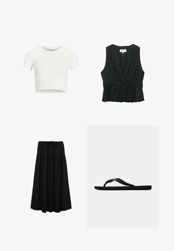 Bela, skrajšana majica iz rebrastega blaga. Ima okroglo izrez in kratke rokave. Gladka tekstura z oprijetim krojem.; Črna brezrokavnica z globokim V-izrezom in nabranim pasom. Narejena iz mehkega materiala, z razširjenim robom in surovimi robovi.; Črna midi krila z nabiranimi plastmi, teksturirano blago in pasom na zategovanje.; Črne gumijaste japonke s teksturirano thong naramnico in preprostim ravnim podplatom, prikazane s strani na enobarvni svetli podlagi.