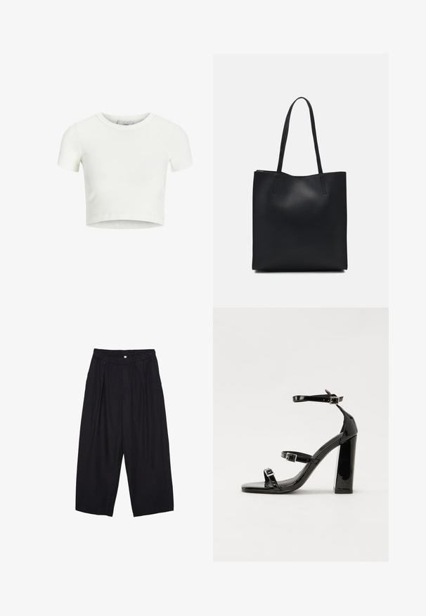 Biela, strihaná tričko s krátkym rukávom vyrobené z rebrovaného materiálu. Má okrúhly výstrih a krátke rukávy. Hladká textura s priliehavým strihom.; Čierne polyesterové culotte nohavice s elastickým pásom, dvoma prednými záhybmi a voľným strihom. Žiadne viditeľné vzory ani detaily z kovu.; Čierne lakované sandále na podpätku so štvorcovou špičkou, navlečenými remienkami okolo členku a striebornými prackami. Disponujú masívnym blokovým podpätkom pre stabilitu.; Čierna kožená taška na rameno s hladkým povrchom, obdĺžnikovým tvarom a dvoma dlhými uchami. Bez viditeľného kovania alebo ozdôb.