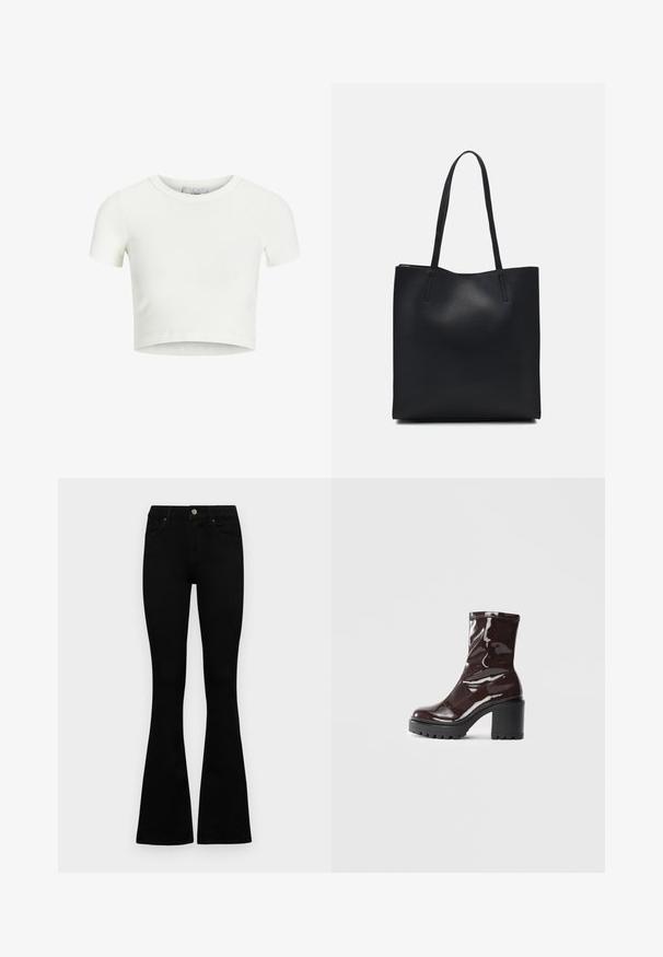 Witte, cropped t-shirt van ribstof. Heeft een ronde halslijn en korte mouwen. Glad textuur met een aansluitende pasvorm.; Zwarte hoge taille jeans met een knoop- en ritssluiting, voorzakken en een flared pijp, plat gelegd op een witte achtergrond.; Glanzende bordeauxrode enkelboot met een chunky zwarte hak, met een gladde textuur en een eenvoudig ontwerp. Geen zichtbare sluitingen of patronen.; Zwarte leren handtas met een gladde textuur, rechthoekige vorm en twee lange handvaten. Geen zichtbare hardware of versieringen.