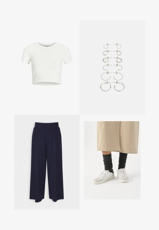 Baltas, trumpas marškinėliai, pagaminti iš raštuoto audinio. Turi apvalų iškirpimą ir trumpas rankoves. Lygus paviršius su prigludusia forma.; Plati kojinės tamsiai mėlynos spalvos audiniu su vagelėmis. Turi lygų juosmenį ir laisvą siluetą, kuris siekia iki pusės blauzdos.; Balti ir pilki sportbačiai su juodu kulno akcentu, kurių viršus pagamintas iš lygaus odos, o pirštai padengti tekstūruotu zomšiniu paviršiumi. Dėvimi su tamsiai pilkomis, laisvai krentančiomis kojinėmis.; Sidabrinių auskarų rinkinys su įvairiais dizainais: ploni lankai, tekstūruoti kraštai ir sukimo stiliai. Įtraukti auskarai su prikabinimu ir lankai.