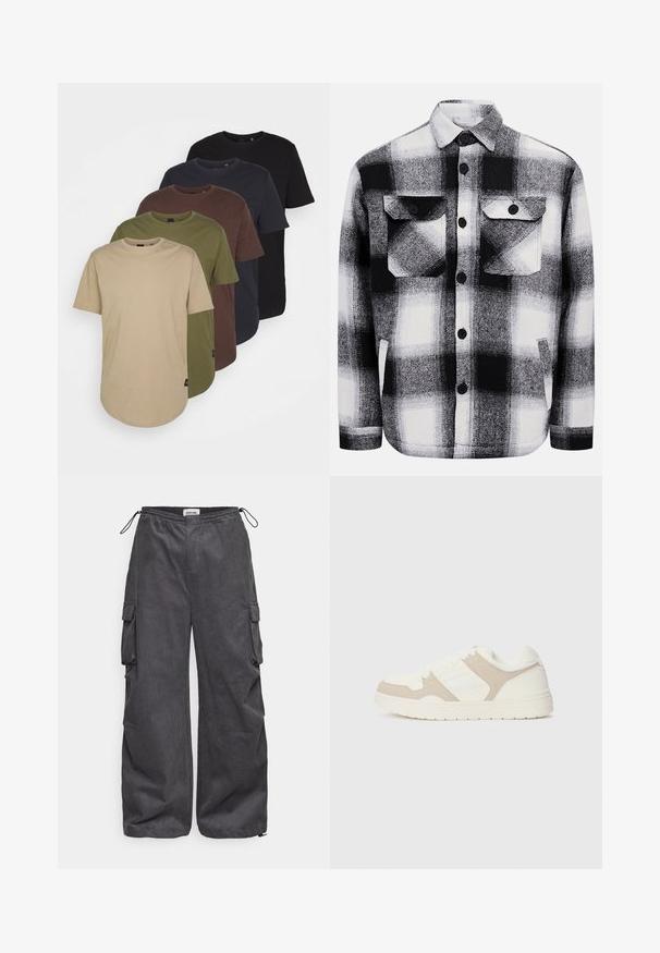 Pet majice razporejene v gradientnih barvah: bež, olivno, rjavo, temno modro in črno. Narejene so iz mehkega bombaža, s kratkimi rokavi in okroglim ovratnikom.; Črnobela karo flanelska srajca, ki ima dva sprednja žepa, gumbaste zaponke in mehak material. Klasičen kariran vzorec.; Sive hlače s teksturirano tkanino, elastičnim pasom, vrvico in stranskimi žepi. Ohlapen kroj z širokimi nogavicami.; Bež in bela športna obuvala z mešanico gladkih in semiš tekstur, okroglo konico, vezalni sistem in raven gumijast podplat.